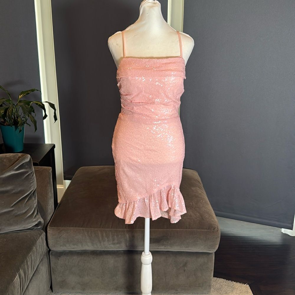 Women’s Pink Sequined Short Homecoming Party Dress Ruffle Hem CorsetBack Size 4